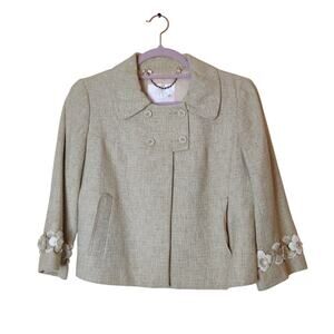 Rebecca Taylor Tweed Cropped Beaded Jeweled Blazer Beige 4 Preppy Old Money